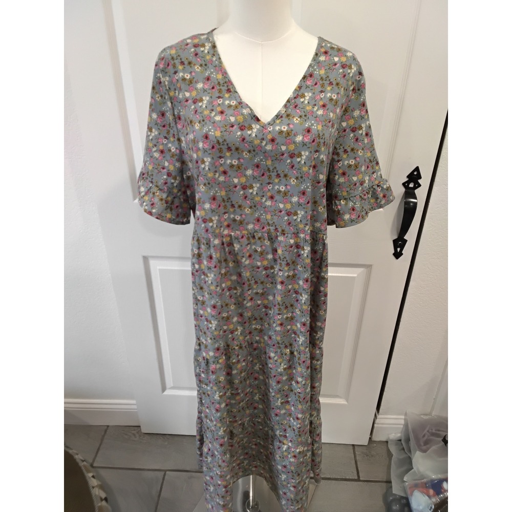 ELINGS Floral Midi Dress V Neck Tiered Ruffle Sleeve Gray Pink Yellow Women's-XL